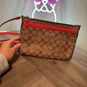 Coach Signature Brown Crossbody Bag with Orange Accents